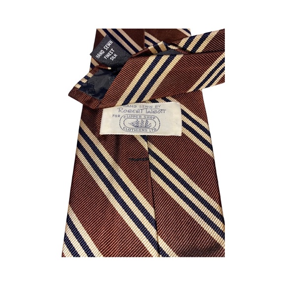 Robert Talbott Hand Sewn for Clipper Shop Clothers Brown Tan Blue Stripe SILK - Picture 4 of 5